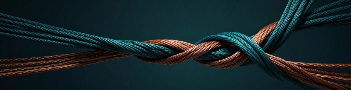 Illustration: teal and copper cable strands merging on one side, separating on the other