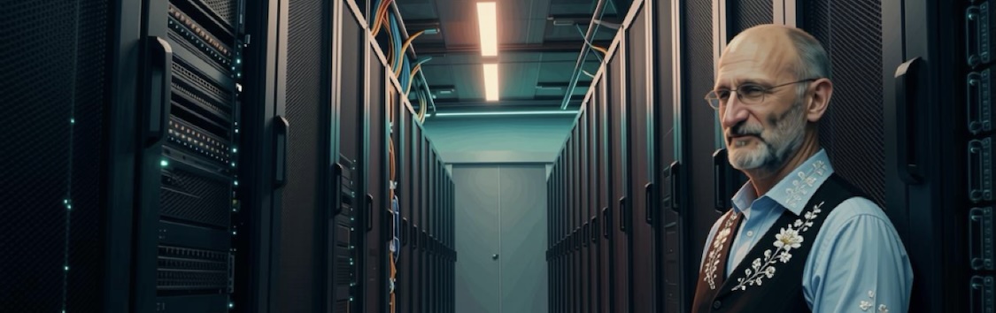Banner: modern data centre aisle in teal and copper tones