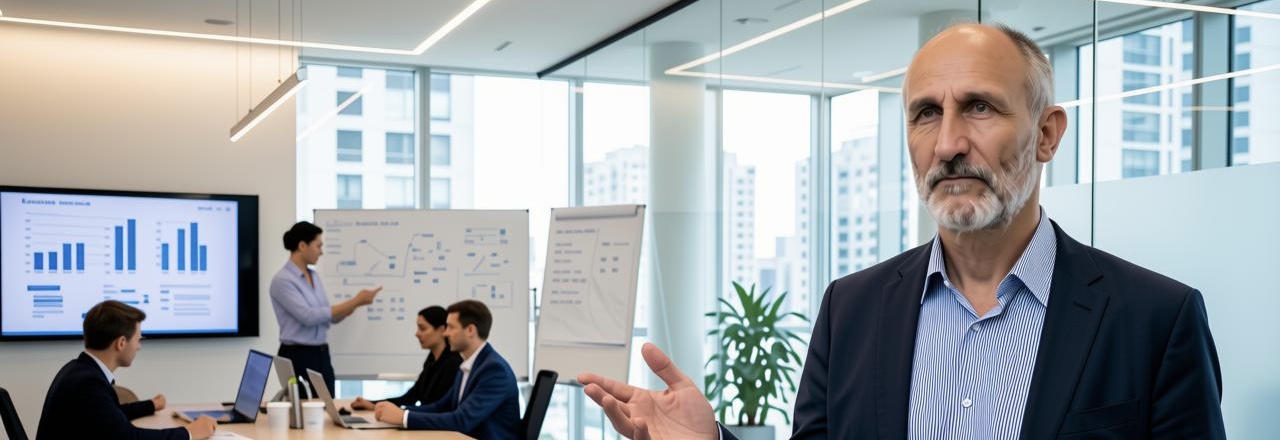 Eric Nemec moderating a transformation workshop — flipcharts and group work in progress